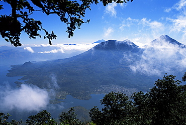 View of lake and town of Santiago, Lago Atitlan (Lake Atitlan), Guatemala, Central America