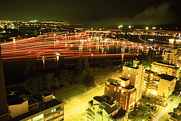 Boats streak across the bay after firework display, Vancouver, British Columbia (B.C.), Canada, North America