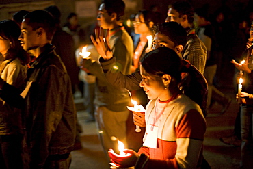 Nepali Hindu festival of Tihar, a candle-light procession in Patan, Kathmandu Valley, Nepal, Asia