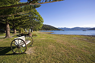 Seat at Furneaux Lodge, Marlborough Sounds, South Island, New Zealand, Pacific