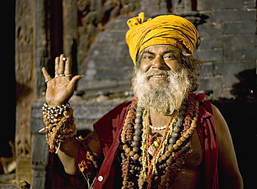 Holy man (sadhu) wearing necklaces of rudraksh seeds, during the Hindu festival of Shivaratri, Pashupatinath, Kathmandu, Nepall, Asia