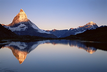 Matterhorn from Riffelsee at dawn, Zermatt, Swiss Alps, Switzerland, Europe