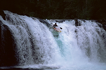 Leona Falls and kayaker, Neltume, Chile, South American