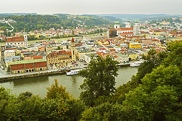 View of Passau with rivers Danube and Inn, Bavaria, Germany, Europe