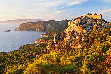 Monolithos Castle and Aegean Sea, Rhodes, Dodecanese, Greek Islands, Greece, Europe