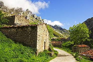 Old farmhouses near Sotres, Picos de Europa, Parque Nacional de los Picos de Europa, Asturias, Cantabria, Spain, Europe