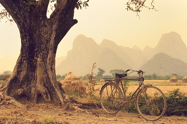 Bicycle, tree and mountains, Yulong River valley, Yangshuo, Guangxi Province, China, Asia