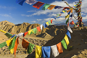 Prayer flags on the Peak of Victory, Leh, Ladakh, Indian Himalayas, India, Asia