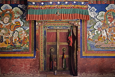 Door and wall paintings, Lamayuru gompa (monastery), Lamayuru, Ladakh, Indian Himalaya, India, Asia