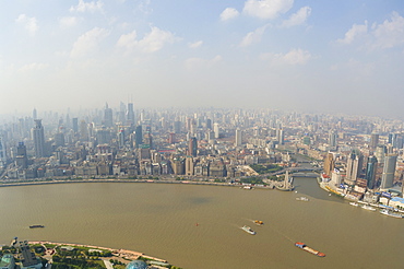 Aerial view from Oriental Pearl Tower of Huangpu District and Huangpu River, Shanghai, China, Asia