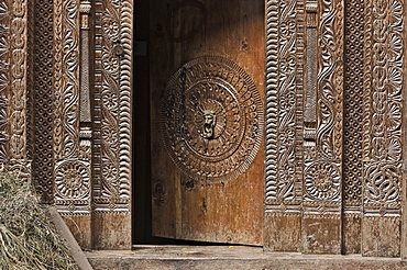 Wooden doorway, Manali, Himachal Pradesh state, India, Asia