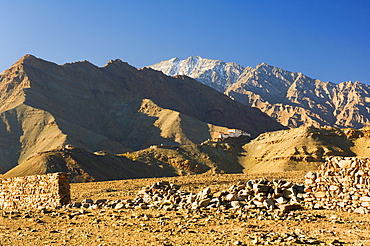 Matho gompa (monastery) and Stok-Kangri massif, Ladakh, Indian Himalaya, India, Asia