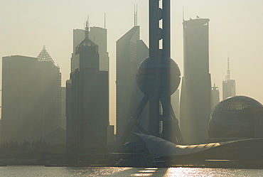 Lujiazui Finance and Trade zone, with Oriental Pearl Tower, and Huangpu River, Pudong New Area, Shanghai, China, Asia