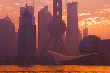 Lujiazui Finance and Trade zone, with Oriental Pearl Tower, and Huangpu River, Pudong New Area, Shanghai, China, Asia