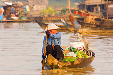 Woman in boat, Chong Kneas floating village, Tonle Sap Lake, Siem Reap, Cambodia, Indochina, Southeast Asia, Asia