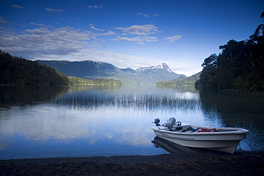 Fishing Boat on Lago Espejo, Siete Lagos region, Nahuel Huapi National Park, Rio Negro, Argentina, South America