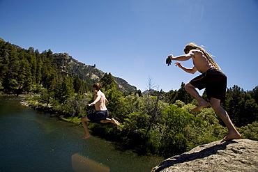 Cliff jumping, Nahuel Huapi National Park, Rio Negro, Argentina, South America