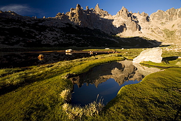 Cerro Catedral reflected in a tarn, Bariloche, Rio Negro, Argentina, South America