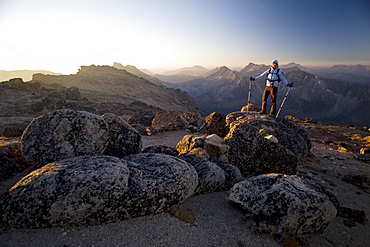 Hiker at sunrise, Cathedral Provincial Park, British Columbia, Canada, North America