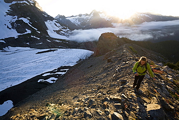 Woman hiking near Mount Olympus and Blue Glacier, Olympic National Park, UNESCO World Heritage Site, Washington State, United States of America, North America