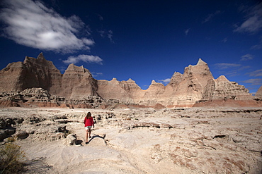 Woman Hiking, Badlands National Park, South Dakota, United States of America, North America