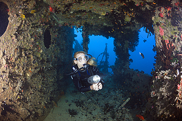 Scuba Diving inside Maldive Victory Wreck, North Male Atoll, Maldives