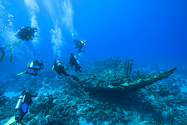 Scuba Diver over Heaven One Wreck, Abu Dabab, Red Sea, Egypt