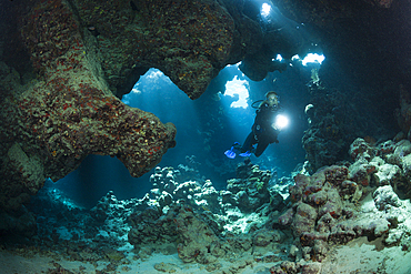 Scuba Diver inside Cave, Cave Reef, Red Sea, Egypt