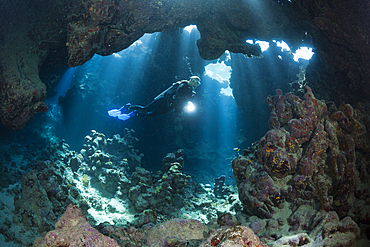 Scuba Diver inside Cave, Cave Reef, Red Sea, Egypt