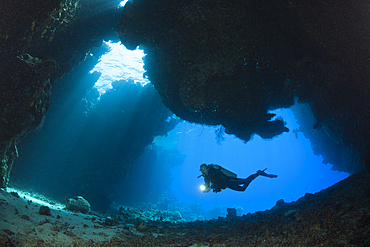 Scuba Diver inside Cave, Cave Reef, Red Sea, Egypt