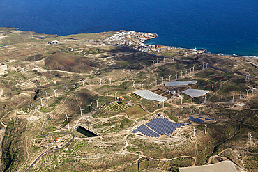 Aerial View of Solar Collectors and Wind power station, Tenerife, Spain