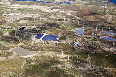 Aerial View of Solar Collectors and Wind power station, Tenerife, Spain