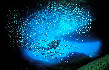 Scuba diver in underwater cave, Cave diving, Curacao, Caribbean Sea, Netherlands antilles