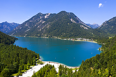 Plansee looking west to Soldatenkoepfle and Hochjoch in Background, Tyrol, Austria