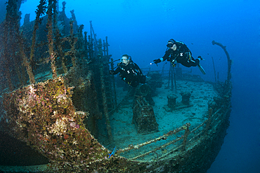 Scuba Diver explore Stern of Maldive Victory Wreck, Hulhule, North Male Atoll, Maldives