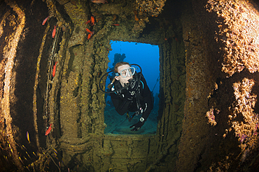 Scuba Diver explore Stern of Maldive Victory Wreck, Hulhule, North Male Atoll, Maldives