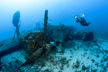 Scuba Diver at B-24 Liberator Bomber Wreck, Vis Island, Mediterranean Sea, Croatia