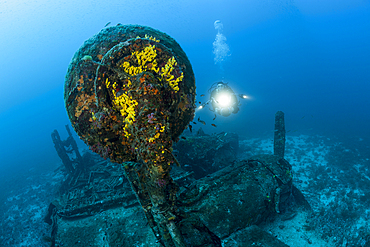 Scuba Diver at B-24 Liberator Bomber Wreck, Vis Island, Mediterranean Sea, Croatia