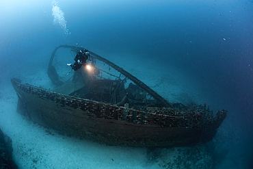 Scuba Diver at Fortunal Wreck, Vis Island, Mediterranean Sea, Croatia