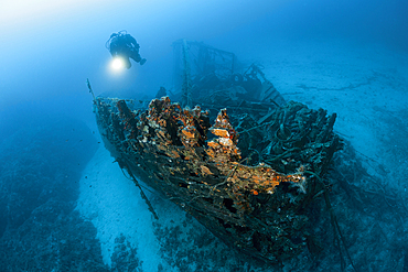 Scuba Diver at Fortunal Wreck, Vis Island, Mediterranean Sea, Croatia