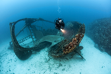 Scuba Diver at Fortunal Wreck, Vis Island, Mediterranean Sea, Croatia