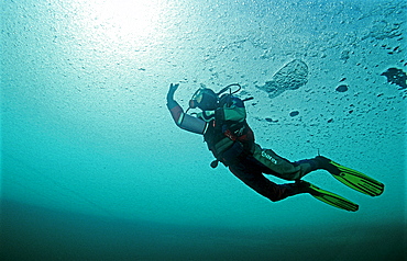 Ice diving, Scuba diver under ice, Austria, Tirol