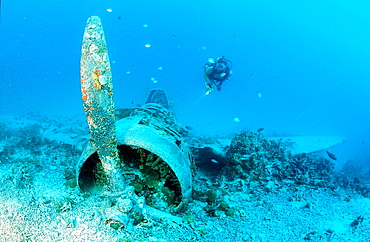 Sunken aeroplane and scuba diver, Papua New Guinea, Pacific Ocean