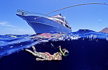 Snorkelung in front of a yacht, Egypt, Zabargad, Zabarghad, Red Sea