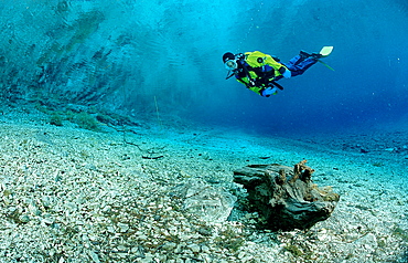 Scuba Diver in a mountain lake, Austria, Steiermark, Gruener See