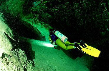 Cave diving, Scuba diver in underwater cave, Bahamas, Freshwater Blue hole