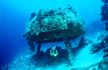 Scuba diver and Jacques Cousteau's Precontinent 2, Shaab Rhumi, Sudan, Red Sea, Africa