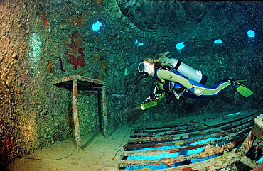 Scuba diver and Jacques Cousteau's Precontinent 2, Shaab Rhumi, Sudan, Red Sea, Africa