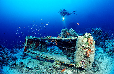 Shark cage of Jacques Cousteau and scuba diver, Shaab Rhumi, Sudan, Red Sea, Africa