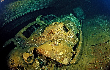 Close-up of military cars on Umbria shipwreck, Wingate Reef, Sudan, Red Sea, Africa